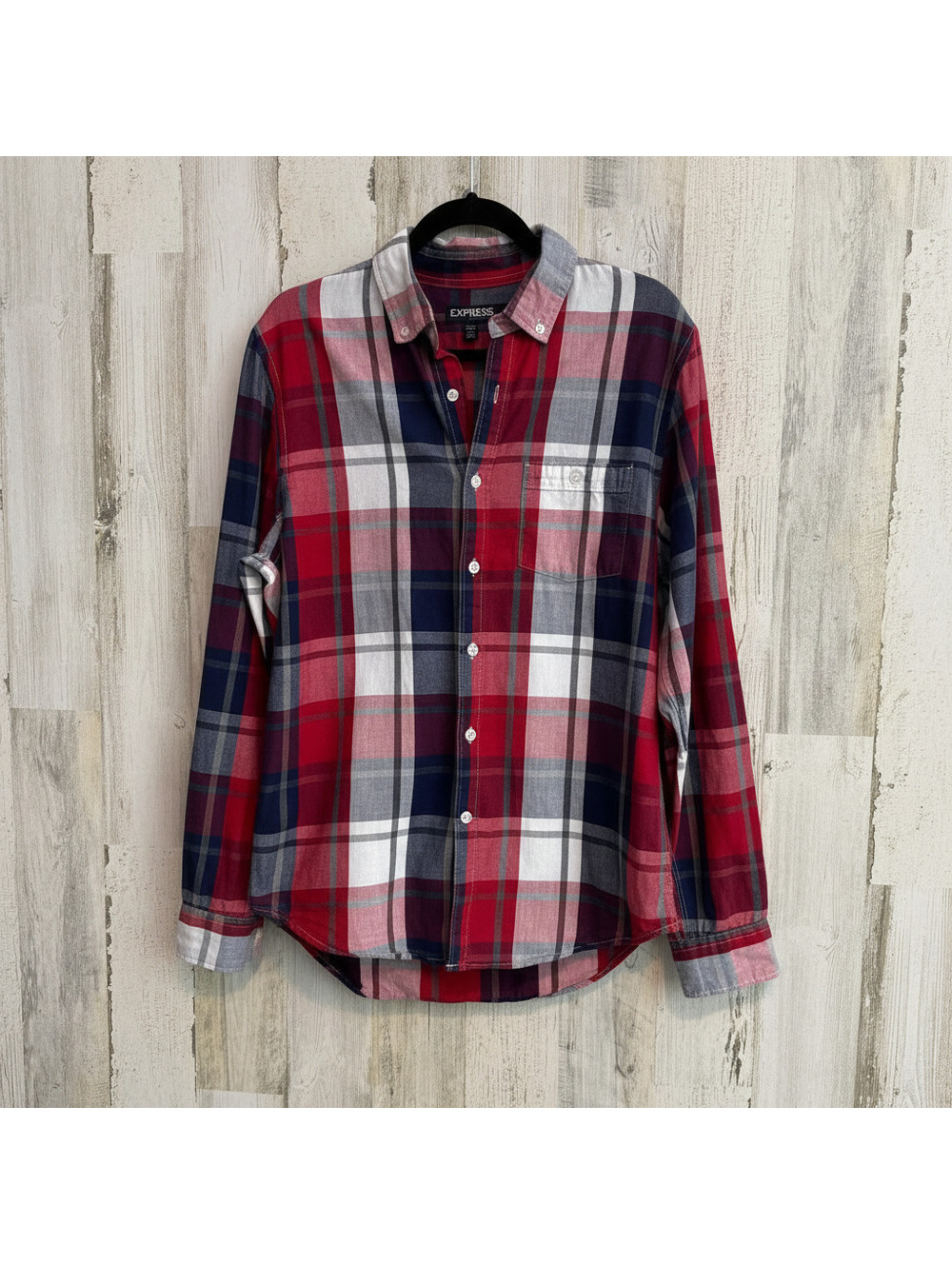 Express Men's Small Plaid Roll-Tab Button-Down Shirt Casual